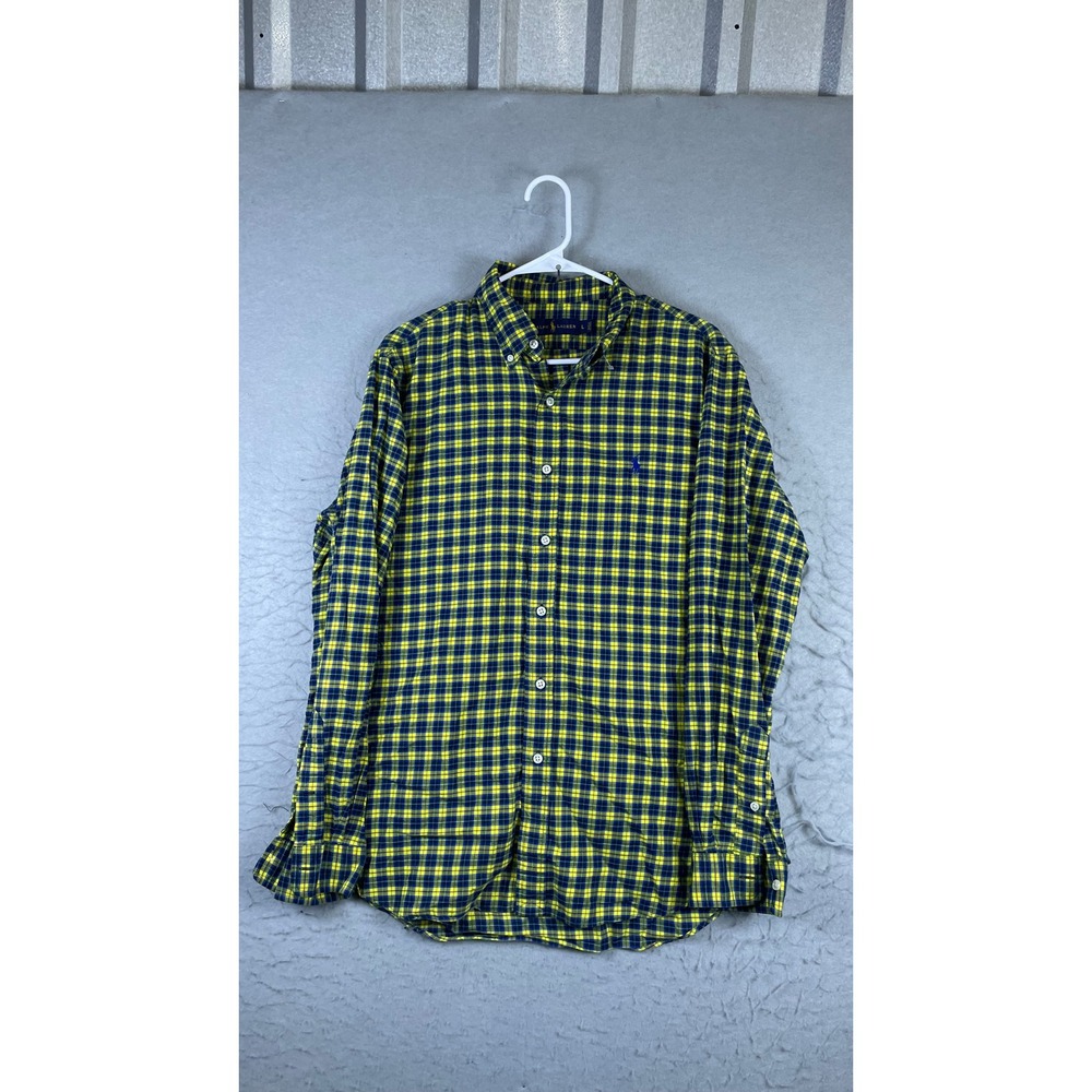 Ralph Lauren Button Down Shirt Mens L Yellow Blue Plaid Excellent Long Sleeve